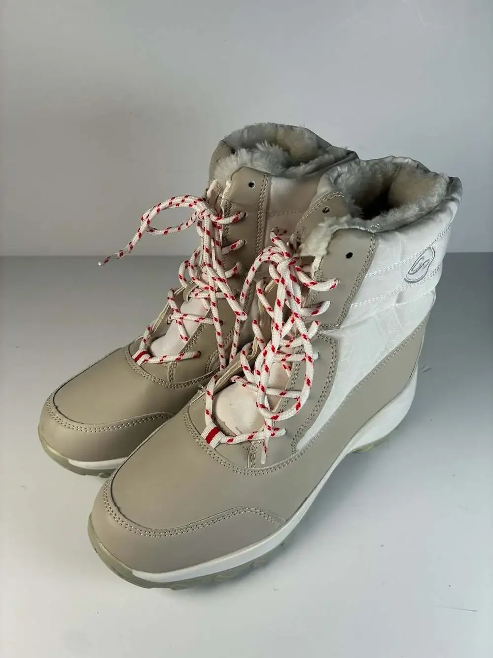 Women's Beige and White Platform Lace-Up Winter Snow Boots with Fleece Lining